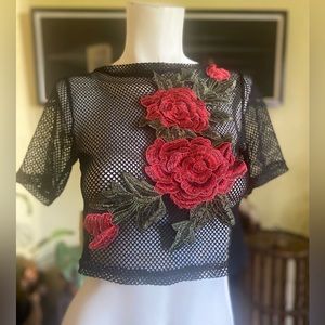 Ladies rose appliqué black net mesh crop top punk horn skater emo blouse
